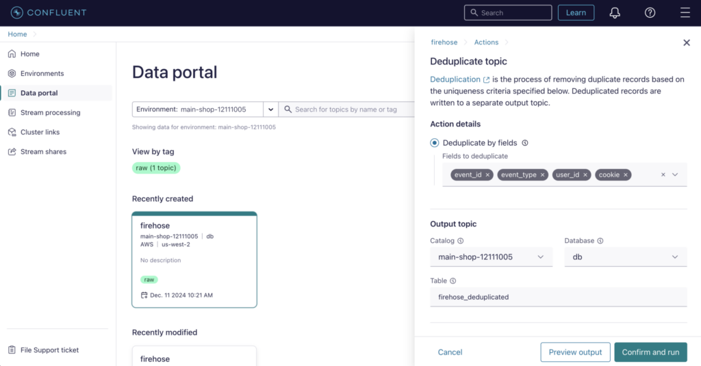 Confluent Cloud - Apache Flink Action UI for No Code Low Code Streaming ETL Integration